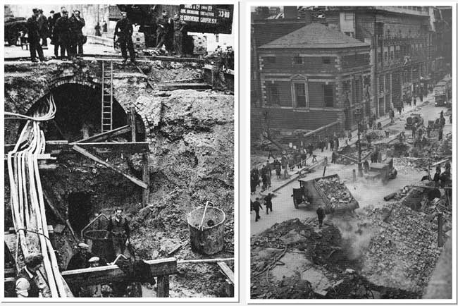 Holes in the Road: every HE bomb that smashed into a road severed the underlying utilities. All had to be repaired and reconnected before the crater was infilled. (London Metropolitan Archive: Cross and Tibbs Collection)