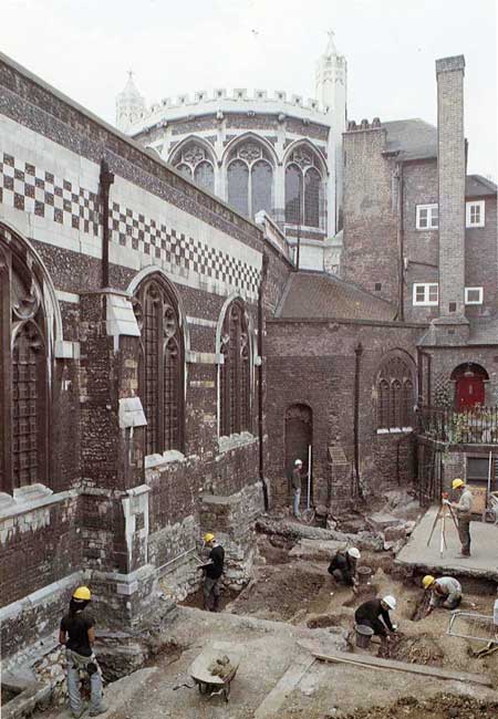 St Bartholomew the Great churchyard, Cloth Fair, EC1. From the DUA Annual Review 1988.
